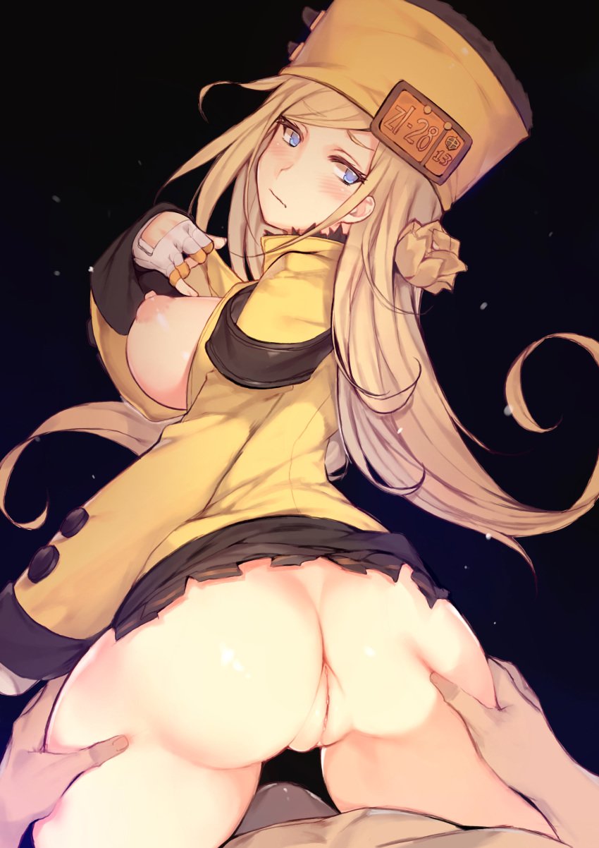 absurdres ass ass_grab blonde_hair blue_eyes breasts gloves guilty_gear hat highres millia_rage mukka paid_reward patreon_reward pussy uncensored white_gloves yellow_headwear