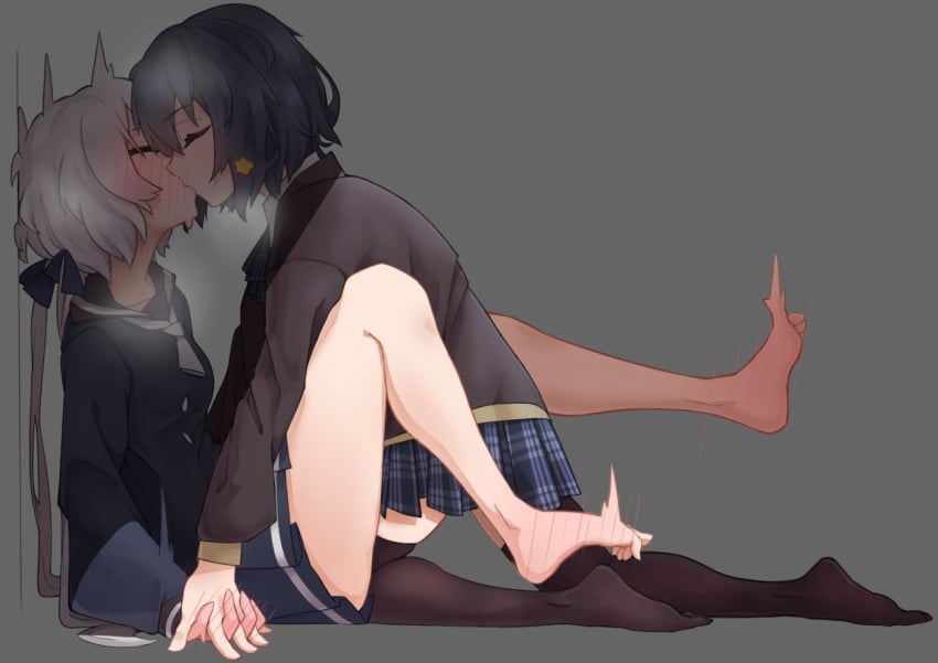 barefoot kissing konno_junko legs mizuno_ai skirt yuri zombie_land_saga