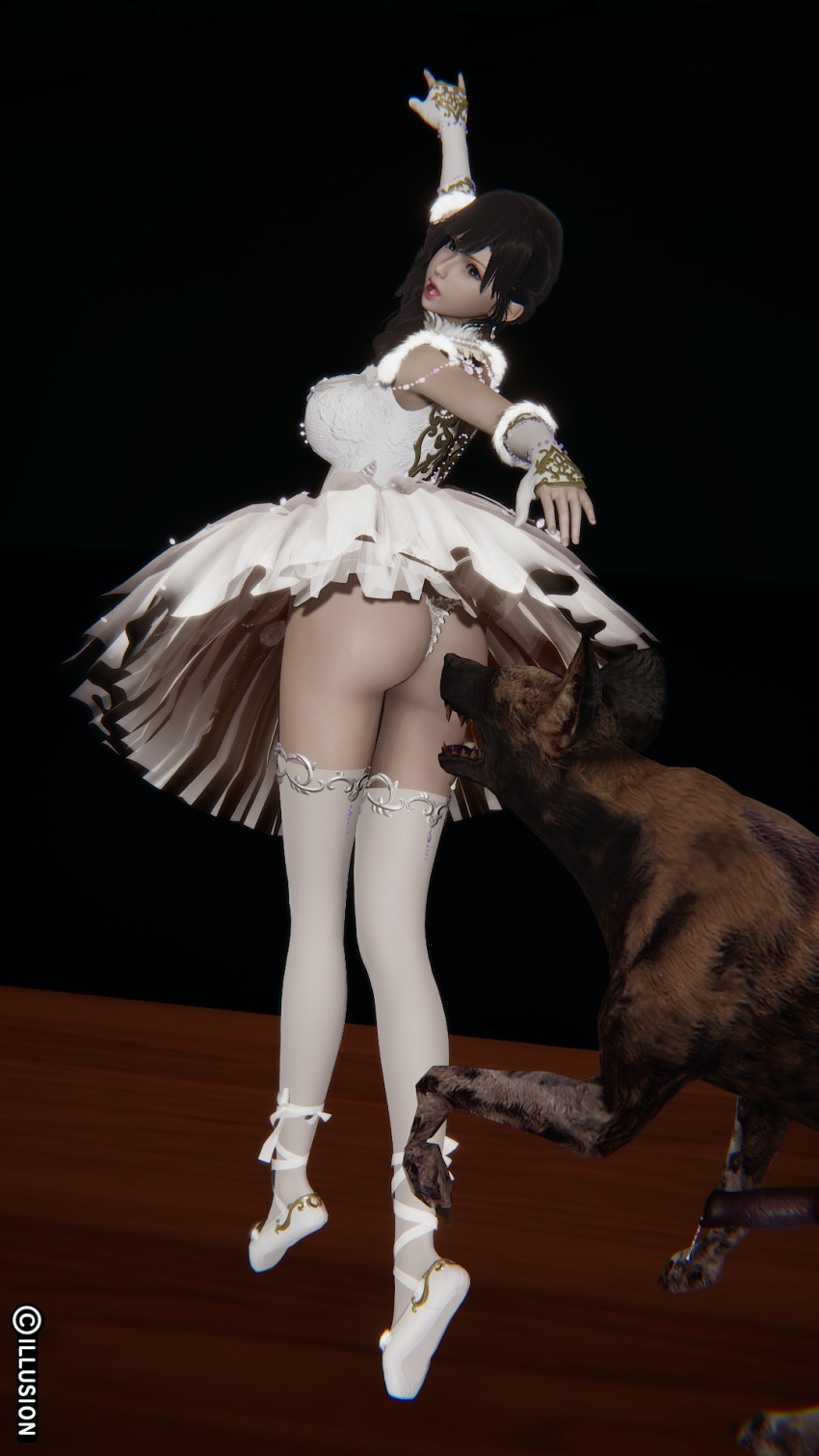 1animal 1girls artist_request ballerina ballet_slippers black_hair canine character_request clothed clothed_female dog erection female gloves human large_breasts thighhighs tutu upskirt zoophilia