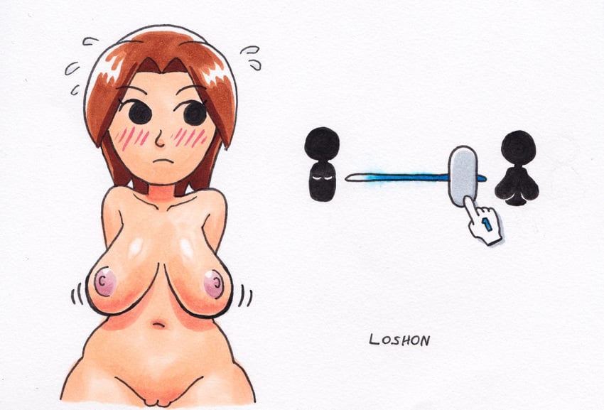 1girls areolae arms_behind_back artist_name blush breast_expansion breasts brown_hair clavicle completely_nude cowboy_shot cursor embarrassed embarrassed_nude_female female female_only human looking_to_the_side loshon low_breasts medium_breasts mii mii_gunner mii_gunner_(smash_4) mob_face motion_lines navel nintendo nipples nude nude_female parted_bangs scale shaved_crotch simple_background solid_circle_eyes solo standing super_smash_bros. super_smash_bros._for_nintendo_3ds_and_wii_u sweatdrop uncensored vagina white_background wii