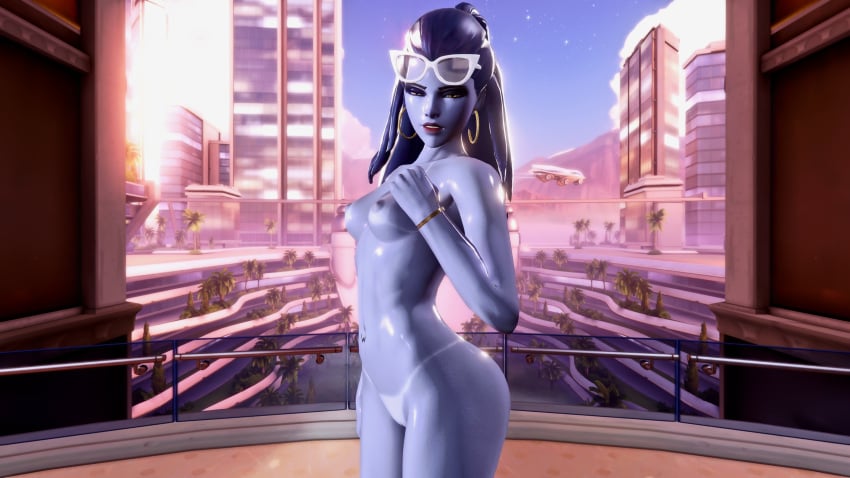 3d demolljok female female_only glasses honey_select lipstick overwatch simple_background small_breasts studio_neo tanline widowmaker