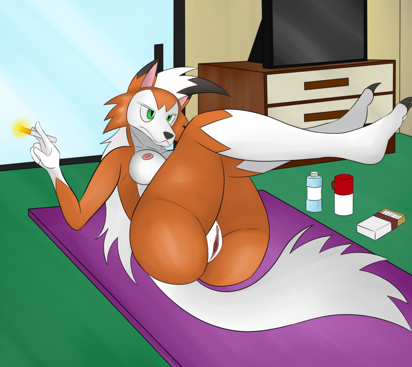 1girls anthro anthrofied areola ass bottle breasts canine cigarette claws dusk_lycanroc feet female female_only furry green_eyes half-closed_eyes holding legs_up looking_away lycanroc nintendo nipples nude on_back orange_fur original_character pokemon pokemon_usm pose pussy rorrek smoking soles solo television thick_thighs v white_fur wide_hips