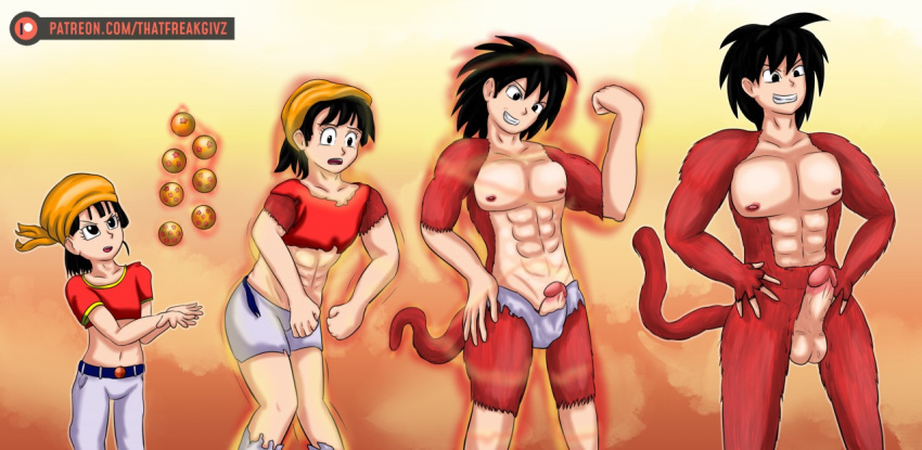 1boy 1girls 2020 5_fingers areolae black_hair clothed clothes clothes_ripping clothing commission dragon_ball dragon_ball_gt erect_nipples erection female female_to_male ftm_transformation gender_transformation human humanoid_penis jeans looking_away looking_down looking_up male male_nipples mammal mammal_humanoid muscles muscular muscular_male nipples no_bra no_panties open_mouth orange_background pan_(dragon_ball) penis red_fur red_shirt saiyan_tail sequence shirt short_hair smile smiley_face smiling sphere super_saiyan super_saiyan_4 teeth thatfreakgivz transformation transformation_sequence