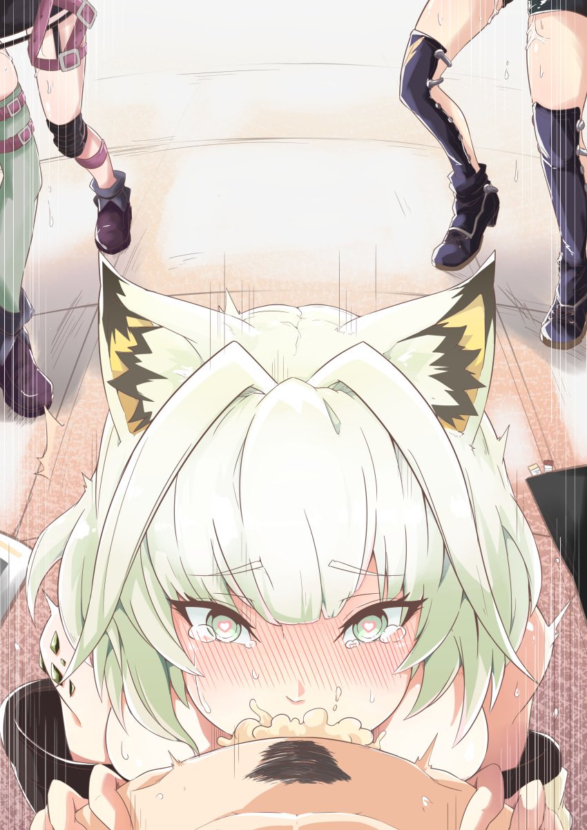 1boy 3girls absurdres animal_ear_fluff animal_ears arknights blush ch'en_(arknights) cum cum_in_mouth cum_in_throat deepthroat dripping fellatio green_eyes green_hair heart heart-shaped_pupils highres kal'tsit_(arknights) looking_at_viewer multiple_girls oral penis pov symbol-shaped_pupils tight_throat xia_wanzi