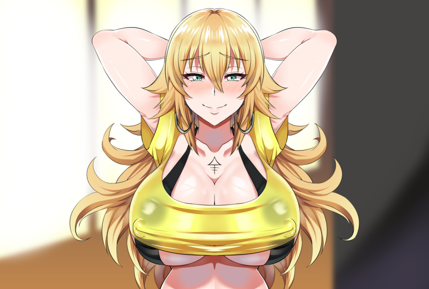 1girls big_breasts blonde_hair blush breasts cleavage crimsonhysteria erect_nipples eye_contact female female_only green_eyes half-closed_eyes huge_breasts large_breasts long_hair looking_at_viewer nipple_bulge nipples original solo sunshine_natsuki_(crimsonhysteria) tattoo underboob