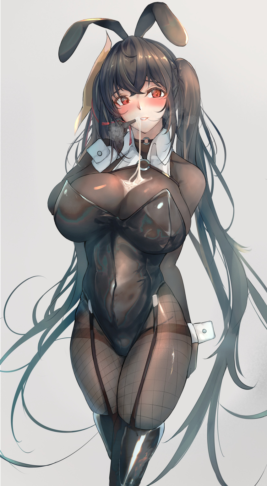 1girls abs absurdres after_paizuri animal_ears azur_lane bangs bare_shoulders black_gloves black_hair black_legwear black_leotard blush bodystocking breasts bunny_ears bunnysuit covered_navel cum cum_on_body cum_on_breasts cum_on_upper_body cum_string detached_collar drooling female fishnet_legwear fishnets full_bodystocking garter_straps gloves hair_between_eyes heavy_breathing highleg highleg_leotard highres huge_breasts leotard long_hair looking_away o-ring one_side_up parted_lips red_eyes saliva simple_background smile solo taihou_(azur_lane) thick_thighs thighhighs thighs very_long_hair wide_hips wrist_cuffs yusha_(m-gata)