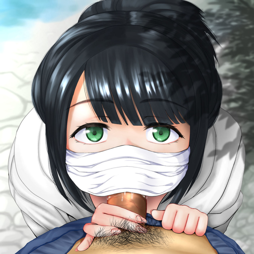 1girls black_hair blowjob blowjob_with_facemask clothing darkmaya eyebrows_visible_through_hair face_mask faceless_male fellatio fellatio_under_mask female green_eyes long_hair looking_at_viewer male open_mouth oral penis precum pubic_hair water