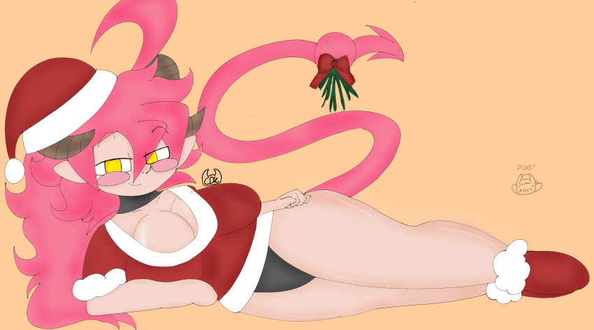 big_breasts blush bow cdk christmas clothed clothing horns laying_down long_hair looking_at_viewer lying_on_side panties pink_hair pink_skin santa_dress santa_hat scribbles_(cdknsfw) tagme tail thick_thighs watermark yellow_eyes