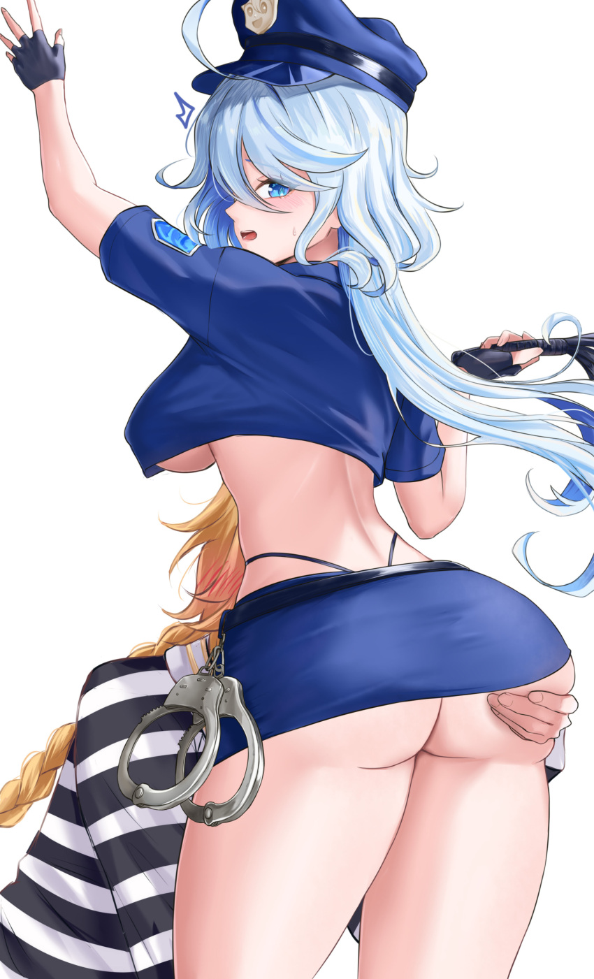 1boy 1girls aether_(genshin_impact) ass ass_grab blue_eyes blush breasts bubble_ass bubble_butt female female_only fully_clothed furina_(genshin_impact) g-string genshin_impact groping handcuffs kamidere maumaou miniskirt police police_uniform policewoman prisoner revealing_clothes skimpy_clothes skirt thick_thighs thong_straps whip white_hair