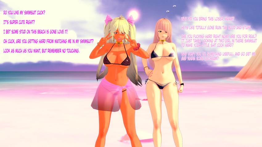 2girls 3d beach bikini bikini_skirt blonde_hair bra choker cold cold_(numbersguy) comic cuckold dark-skinned_female dark_skin female hair_ribbon insult koikatsu light-skinned_female light-skinned_male light_skin numbersguy original panels panties pink_hair pov ribbon side-tie_panties small_penis_humiliation warm warm_(numbersguy)