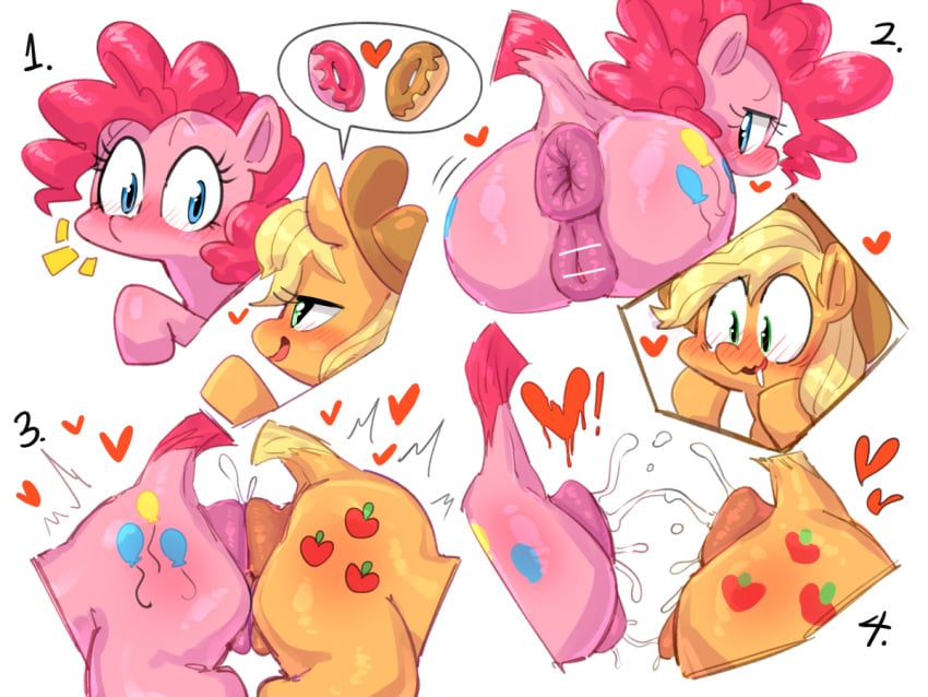 4:3 anal anal_kiss anus applejack_(mlp) blush bodily_fluids censor_bar censored dessert doughnut duo equid equine female female/female feral feral_on_feral food friendship_is_magic genital_fluids genitals hanuvo hasbro heart ineffective_censorship mammal my_little_pony pinkie_pie_(mlp) ponut_kiss puffy_anus pussy pussy_juice