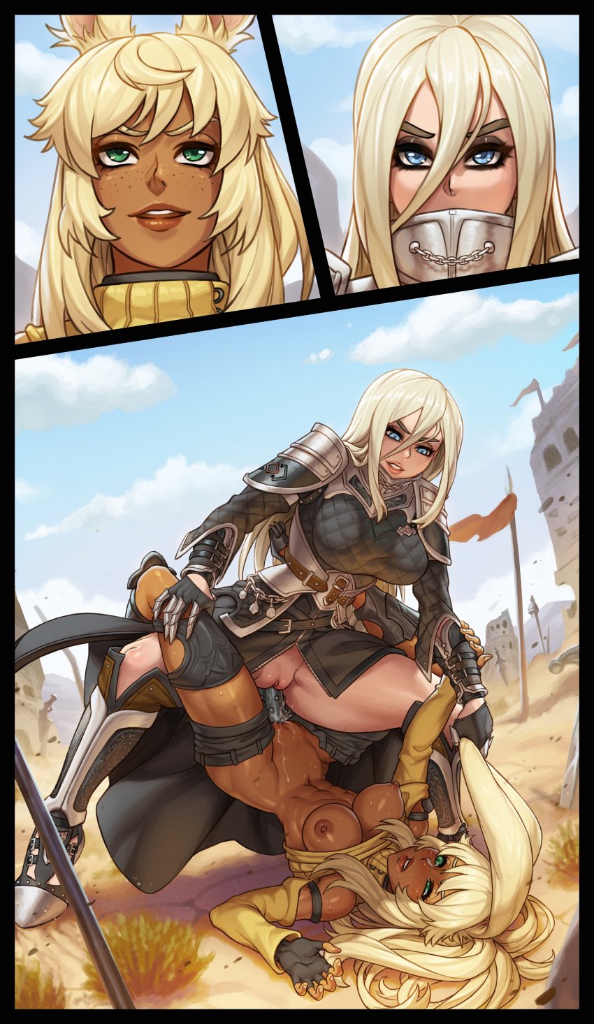 2girls abs angelise_reiter areolae big_breasts breasts catfight cleavage dark-skinned_female dark_skin dildo female female_only final_fantasy final_fantasy_xiv interracial large_breasts lilisette_illderthane multiple_girls nipples sefuart yuri