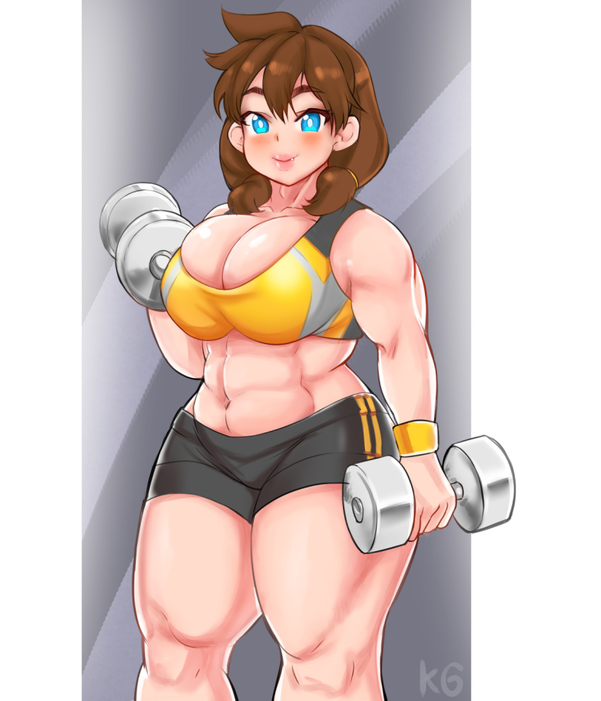 abs amano_megumi amano_megumi_wa_suki_darake! blue_eyes blush brown_hair dumbbell huge_thighs keigi_(artist) large_breasts muscular muscular_female plump_lips pursed_lips rosy_cheeks shorts shoulder_length_hair smile sports_bra sports_uniform sportswear thick_legs thick_lips thick_thighs weightlifting weights wide_hips working_out