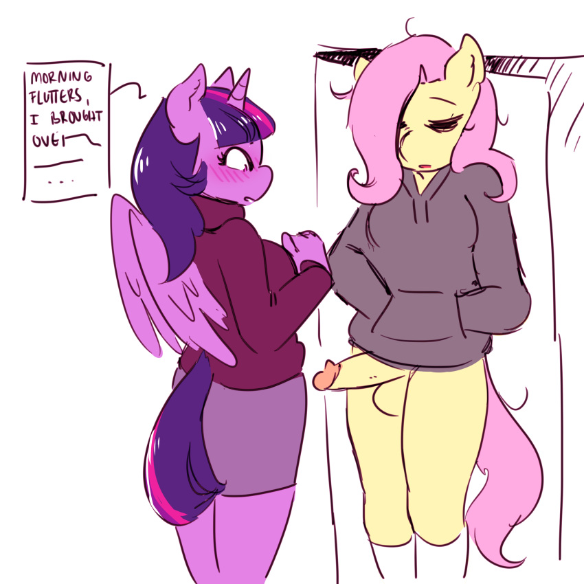 1:1 2020 absurd_res alicorn anthro anthrofied balls bottomless closed_eyes clothed clothing dialogue duo english_text equid equine erection female fluttershy_(mlp) friendship_is_magic furry futanari genitals gynomorph hair hasbro hi_res hoodie horn horse intersex legwear mammal my_little_pony penis pink_hair pony princess_twilight_sparkle_(mlp) purple_body purple_hair rainbowsprinklesart socks straight_hair text tired topwear twilight_sparkle_(mlp) twishy wings yellow_body