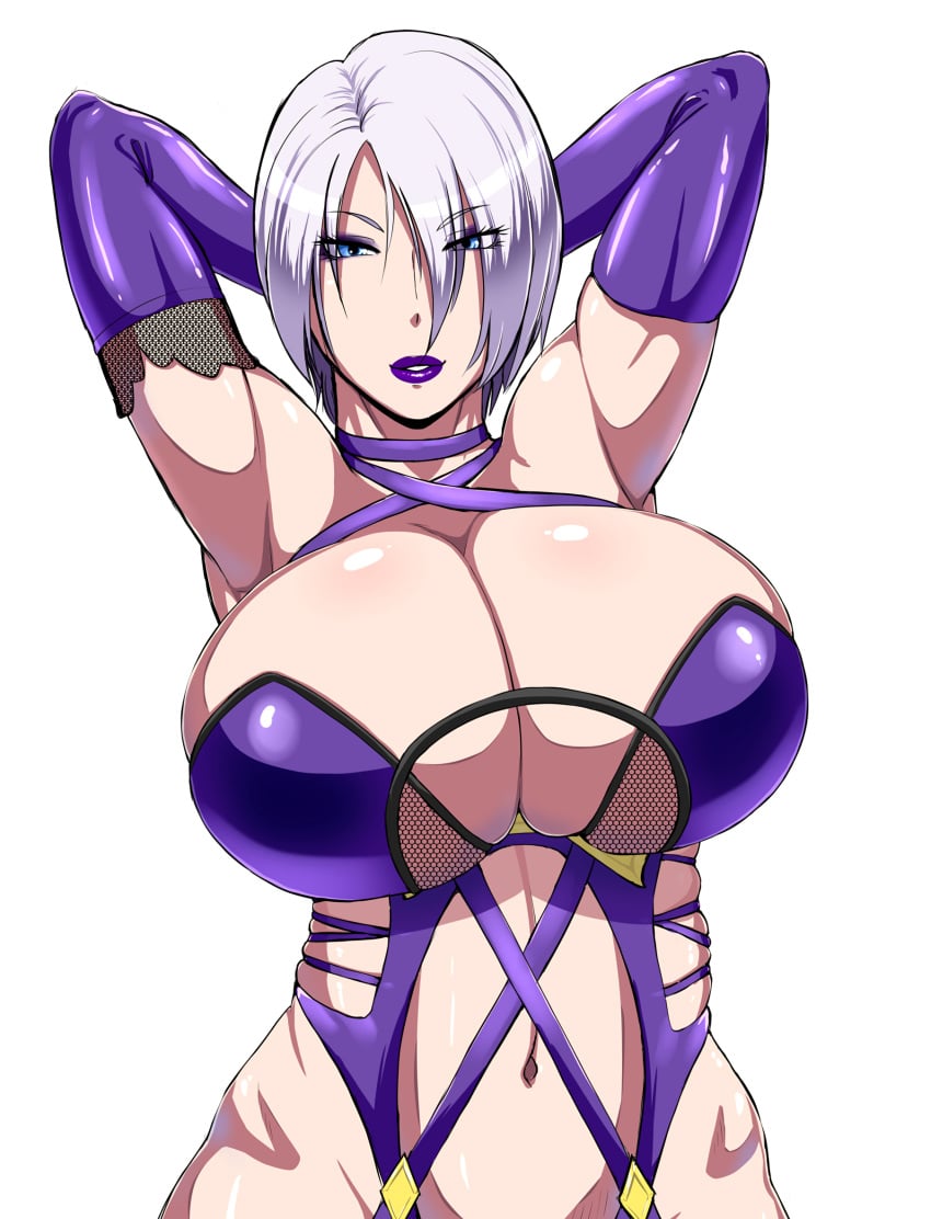 1girls alternate_version_available arms_behind_head blue_eyes bursting_breasts female female_only huge_breasts isabella_valentine looking_at_viewer ml short_hair solo soul_calibur white_hair