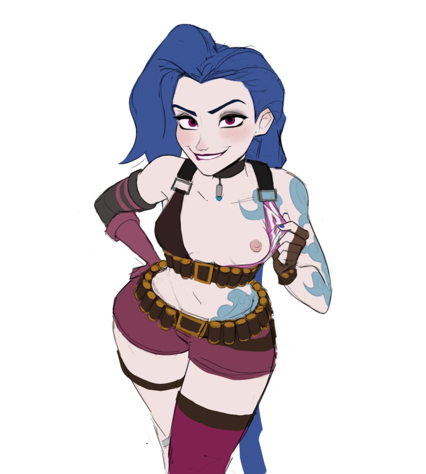 1girls 2021 2d 2d_(artwork) amugea areola arm_gloves arm_tattoo biting_lip biting_own_lip blue_hair body_tattoo bra bra_peek breast_out breast_outside bullet_belt bullet_necklace choker clothed crossed_legs crossed_legs_(standing) ear exposed_breast exposed_midriff eyeshadow female female_focus female_only flashing flashing_at_viewer flashing_breasts flat_background flat_chest flat_chested flat_colors gloves hand_on_hip hip_tattoo hyung_(artist) jinx_(league_of_legends) league_of_legends lip_bite lipbite long_hair looking_at_viewer nipples one_breast_out pale-skinned_female pale_skin petite presenting presenting_breasts purple_eyeshadow purple_shorts red_eyes riot_games short_shorts shorts simple_background single_glove single_thighhigh sketch skinny small_breasts solo solo_female solo_focus staring_at_viewer tattoo tattoos thick_thighs thighhighs twin_braids very_long_hair white_background wide_hips