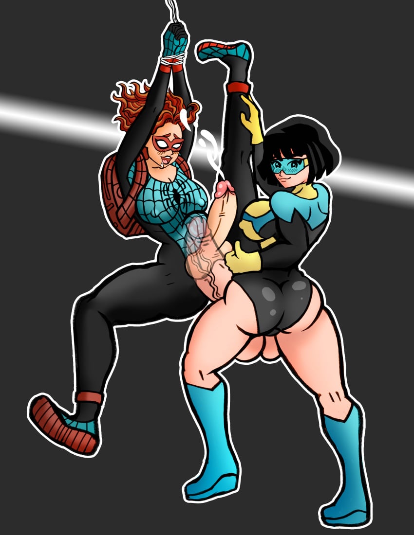 2girls anna-may_parker big_breasts big_butt big_penis black_hair blue-tinted_eyewear bodysuit boots bulge crossover cum cumshot drooling futa_on_futa futa_only futanari futanari_penetrated futanari_penetrating gloves happy huge_cock hungy image_comics invincible marvel marvel_comics open_mouth red_hair size_difference spider-man_(series) spiderling stomach_bulge superheroine terra_grayson thick thick_thighs tinted_eyewear visor x-ray