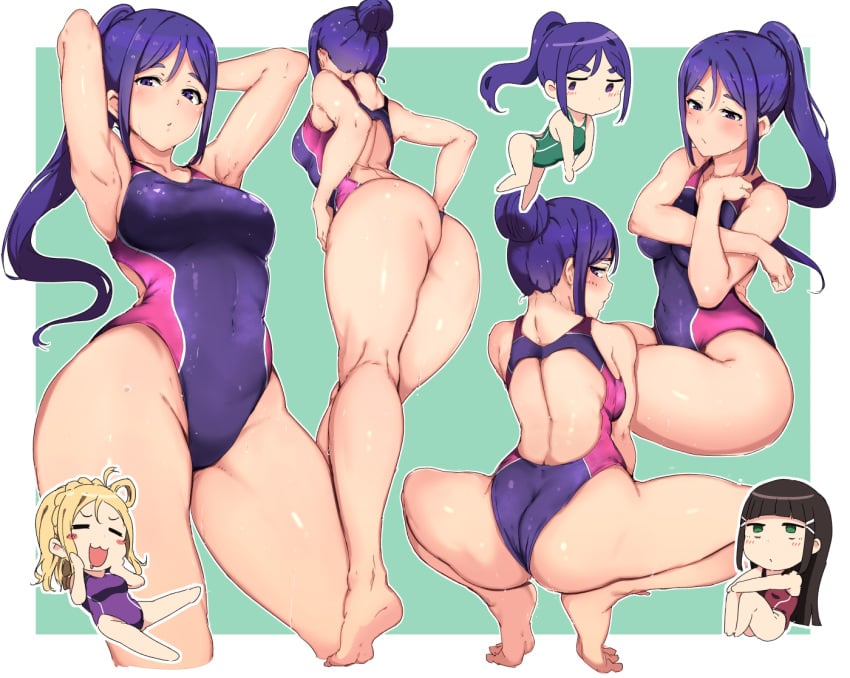 3girls :3 :d =_= alp armpits ass bangs barefoot black_hair blonde_hair blue_eyes blue_hair blunt_bangs breasts competition_swimsuit drooling feet female female_only front_and_back green_eyes hair_bun hair_ornament hairclip kneepits kurosawa_dia large_breasts long_hair love_live! love_live!_sunshine!! matsuura_kanan multiple_girls multiple_views ohara_mari one-piece_swimsuit open_mouth ponytail revision short_hair smile solo_focus squatting stretch swimsuit tied_hair