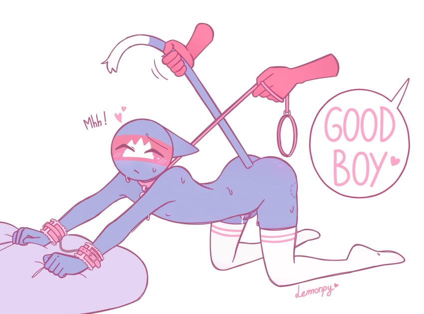 blue_body blue_skin cambodia cambodia_(countryhumans) cat_ears cat_tail collar countryhumans cum cum_string cumstring erection femboy gay laos_(countryhumans) lemonpy neko pillow pillow_grab pink_stripes purple_pillow red_skin sweat sweatdrop tail_grab white_skin white_stockings