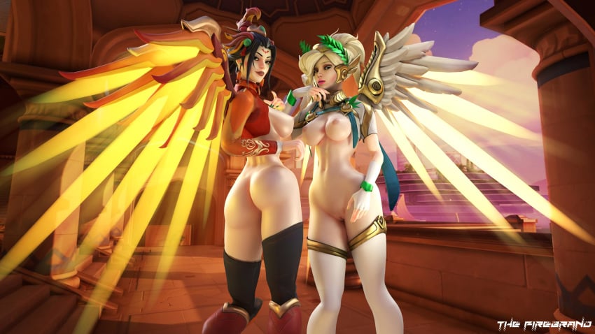 2girls 3d 4k absurdres alternate_costume areolae ass big_breasts blender breasts female female_only highres large_breasts looking_at_viewer mercy nipples overwatch pussy the_firebrand thighhighs vagina winged_victory_mercy zhuque_mercy