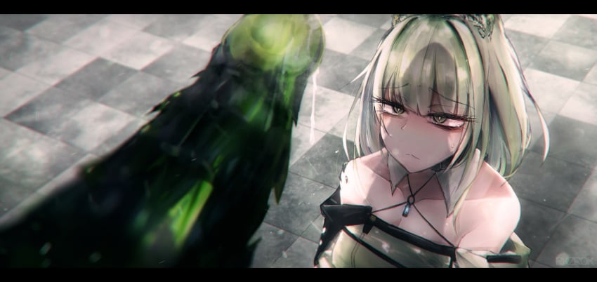 :< absurdres animal_ears arknights bangs bare_shoulders breasts checkered checkered_floor cleavage detached_collar erection eyebrows_visible_through_hair female green_eyes green_hair highres huge_cock kal'tsit_(arknights) penis precum rkzrok tears