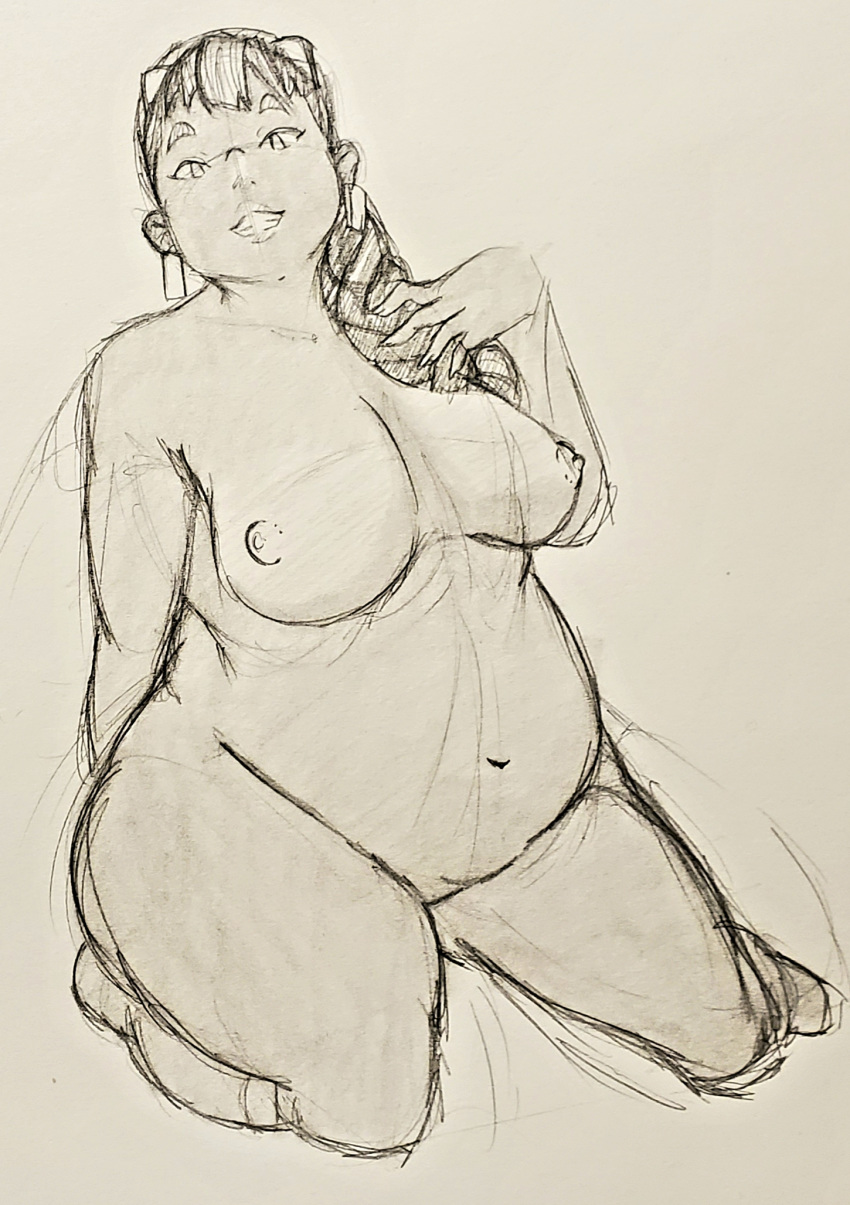 areolae bangs bare_breasts bbw belly big_breasts braid breasts chubby dark_skin earrings female female_only hair_ornament looking_at_viewer marvel native_american navel new_warriors nipples nude on_knees peruda simple_background sketch smile smiling trailblazer