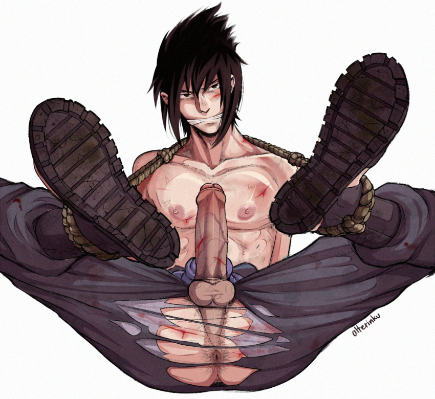 1boy alterinku anus areolae ass balls black_eyes black_hair blood bondage boots bruise bruises cuts erection feet_up footwear gag legs_up looking_at_viewer male male_only naruto naruto_shippuden nipples pants pecs penis pose posing ripped_clothing rope rope_bondage sasuke_uchiha shoes sitting soles solo solo_focus solo_male testicles tied_up torture uncensored