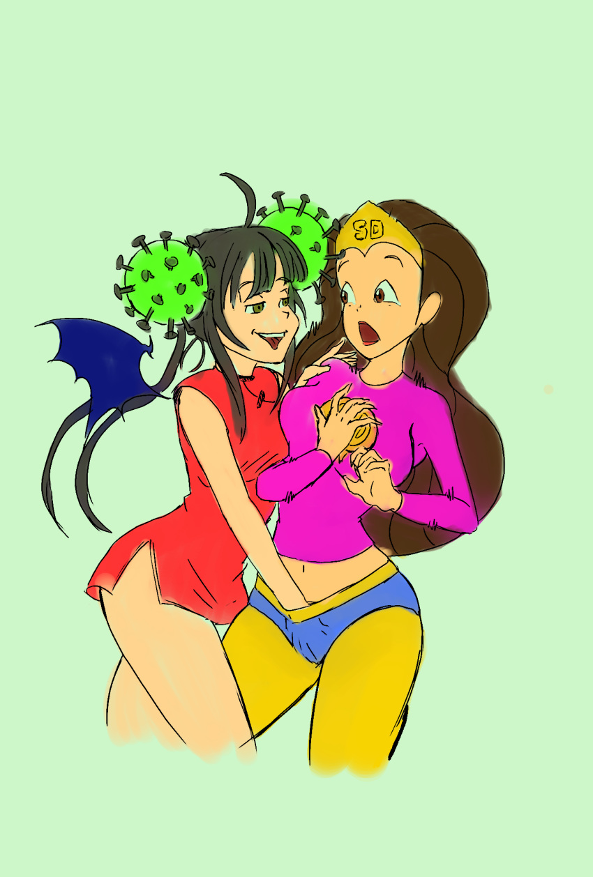 2girls black_hair breasts brown_hair chinese_clothes corona_chan coronavirus covid-19_pandemic double_bun dress female long_hair superheroine susana_distancia wings yuri