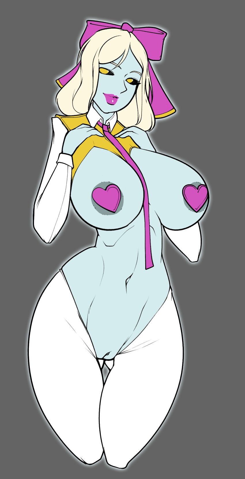 areola areola_slip athorment_oc big_breasts big_lips blonde_hair boonie_belle_(athorment) flat_colors ghost_girl grey_background looking_at_viewer monster_girl noodledoodles pasties pussy reverse_bunnysuit shaved_pussy