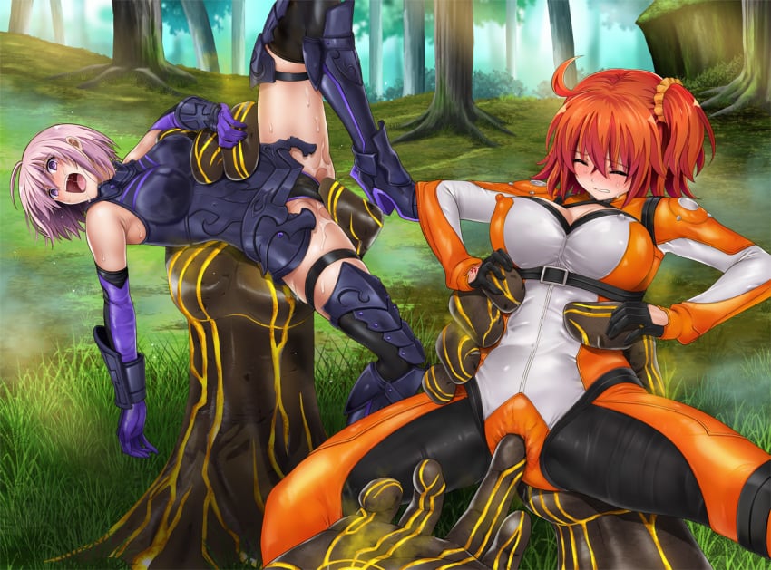 2girls ahoge ambiguous_gender armor armored_dress blush bodysuit breasts cameltoe chaldea_combat_uniform clothing command_spell covered_nipples cyclone cyclone_(reizei) erect_nipples erect_nipples_under_bodysuit erect_nipples_under_clothes fate/grand_order fate_(series) fingering fingering_through_clothes fujimaru_ritsuka_(female) fujimaru_ritsuka_(female)_(chaldea_combat_uniform) grabbing hair_ornament hair_over_one_eye hair_scrunchie hand_tattoo highres interspecies large_breasts mash_kyrielight multiple_boys multiple_girls official_alternate_costume one_side_up orange_bodysuit orange_hair orange_scrunchie purple_eyes purple_hair pussy_juice resisting scrunchie short_hair size_difference smaller_female straight tattoo through_bodysuit through_clothes wet yellow_scrunchie