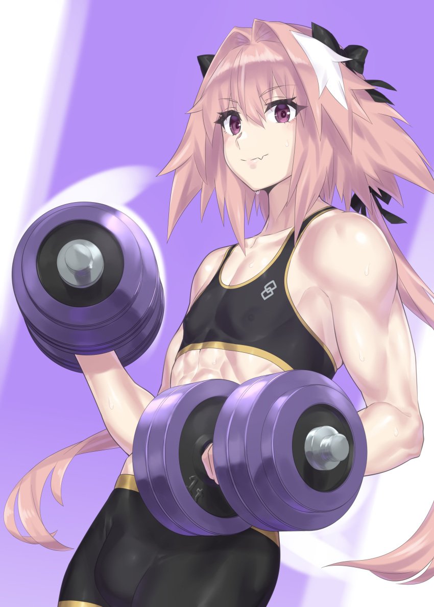 1boy abs absurdres ambush_(trap) astolfo_(fate) bulge evuoaniramu fate/apocrypha fate_(series) femboy girly highres hung_trap male male_only mizuumi_(bb) muscles muscular muscular_male trap weightlifting weights