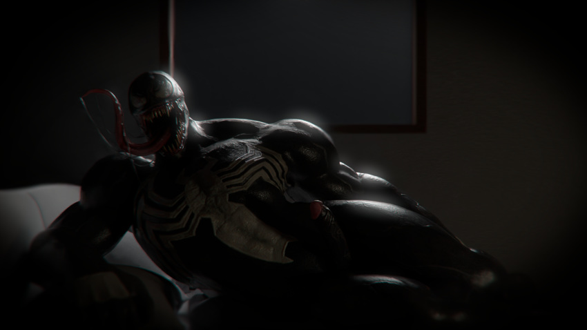 1boy 3d abs altrix3d bed black_skin erection eye_contact laying_down looking_at_viewer male male_only marvel night penis saliva seductive solo spider-man_(series) symbiote teeth thick_thighs tongue venom venom_(marvel) white_eyes white_skin