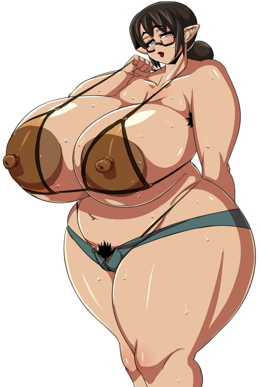 1girls alternate_version_available areola_slip armpit_hair bakudemon bare_shoulders big_areola big_breasts bikini bikini_bottom bikini_top black_hair blush busty censored cleavage curvy denim denim_shorts elf erect_nipple erect_nipples female female_only front_view g-string glasses hair_bun hourglass_figure humanoid lipstick looking_at_viewer makeup micro_bikini midriff nipple_bulge original_character pointy_ears pose posing pubes pubic_hair red_lipstick see-through shiny shiny_skin short_hair short_shorts shorts simple_background skimpy solo standing sweat swimsuit thick_thighs thong tied_hair underboob voluptuous white_background wide_hips