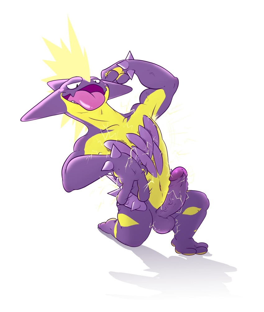 1boy 3_toes amped_toxtricity anthro anthrofied dogfu electricity erection hi_res humanoid_genitalia humanoid_penis male male_only nintendo penis pokémon_(species) pokemon pokemon_ss purple_penis purple_skin shadow simple_background solo spikes testicles toes toxtricity veins video_games white_background yellow_body