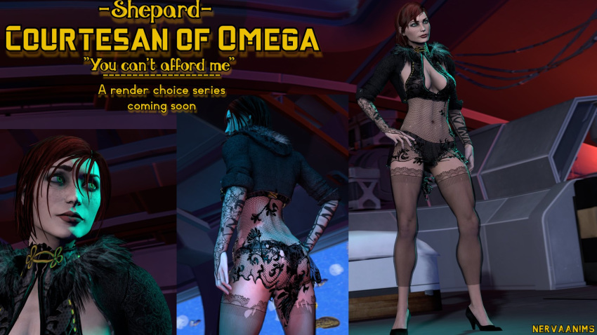 3d arm_sleeves big_breasts bolero breasts busty cleavage cleavage_cutout commander_shepard courtesan eyelashes female female_focus female_only female_protagonist femshep green_eyes highres hourglass_figure mascara mass_effect navel nervaanims pinup pose posing red_hair skimpy skimpy_clothes solo tagme wide_hips