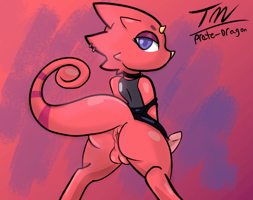 2020 absurd_res animal_crossing anthro anus ass backsack balls bottomless chameleon clothed clothing collar flick_(animal_crossing) genitals hi_res lizard looking_at_viewer male male_only nintendo piercing prate purple_eyes raised_tail rear_view red_background red_body red_theme reptile scalie shirt signature simple_background smaller_version_at_source solo standing tank_top topwear video_games