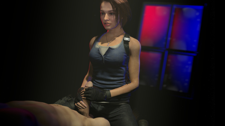 1boy 1girls 3d big_breasts big_penis brown_hair capcom chegsfm clothed_female_nude_male green_eyes handjob jill_valentine jill_valentine_(sasha_zotova) mounting resident_evil resident_evil_3 resident_evil_3_remake source_filmmaker teasing white_skin