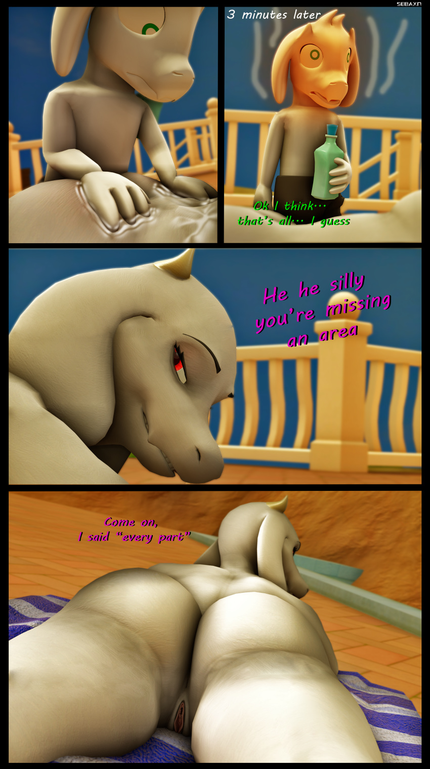 16:9 2020 3d absurd_res age_difference anthro asriel_dreemurr ass big_butt boss_monster bovid breasts caprine clothing comic_page duo english_text female fur genitals goat hi_res horn incest long_ears lying male mammal mature_female mother mother_and_child mother_and_son nude on_front parent parent_and_child pool_(disambiguation) presenting presenting_pussy pussy sebaxn seductive side_boob solo son source_filmmaker standing straight text thick_thighs toriel towel undertale video_games white_body white_fur wide_hips widescreen young