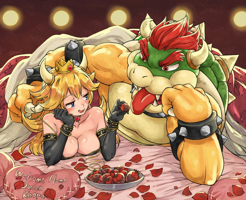 1boy 1girls absurdres blonde_hair blue_eyes bowser bowsey breasts feeding food high_resolution highres horns looking_at_another mario_(series) nintendo on_bed princess_peach red_eyes red_hair rusky strawberry third-party_edit tongue tongue_out unexpectedly_good