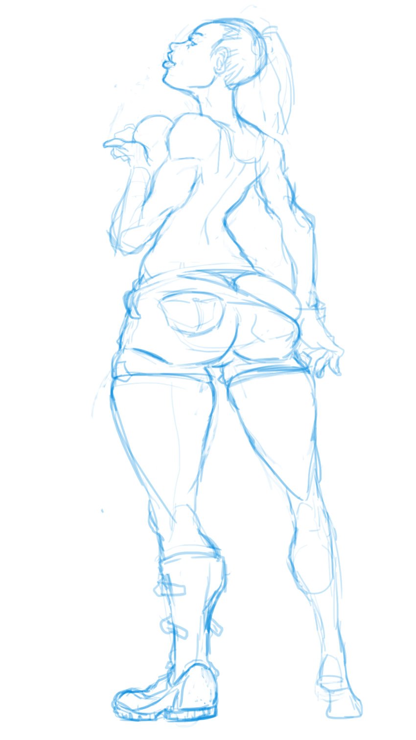 artist_request ass draft lara_croft lara_croft_(l.a.u.) line_art pull_down_pants rear_view sketch thick_thighs tomb_raider topless