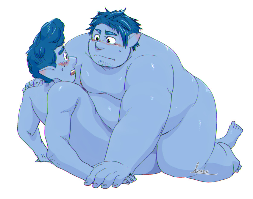 2boys barley_lightfoot belly blue_body blush disney duo elf gay gay_incest gay_male humanoid humanoid_hands ian_lightfoot incest iwano male male/male male_only nude onward_(2020) overweight overweight_male pixar simple_background white_background yaoi