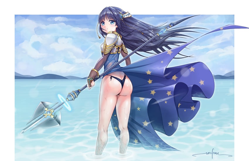 ass beach black_panties blue_eyes blue_hair dat_ass den dress hair_ornament long_hair looking_at_viewer magia_record:_mahou_shoujo_madoka_magica_gaiden nanami_yachiyo open_mouth outdoor sideboob skirt small_breasts staff thong unsfrau wizard