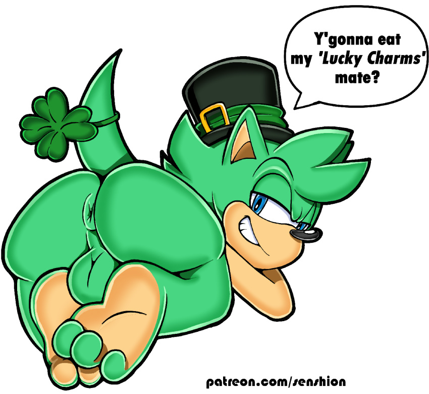 2020 anthro anus ass backsack balls barefoot black_nose blue_eyes clothing dialogue english_text eulipotyphlan feet four_leaf_clover fur genitals green_balls green_body green_fur grin half-closed_eyes hat headgear headwear hedgehog hi_res holidays irish_the_hedgehog looking_back male male_only mammal narrowed_eyes on_model presenting presenting_anus presenting_balls senshion simple_background smile solo sonic_(series) sonic_the_hedgehog_(series) speech_bubble st._patrick's_day text url white_background