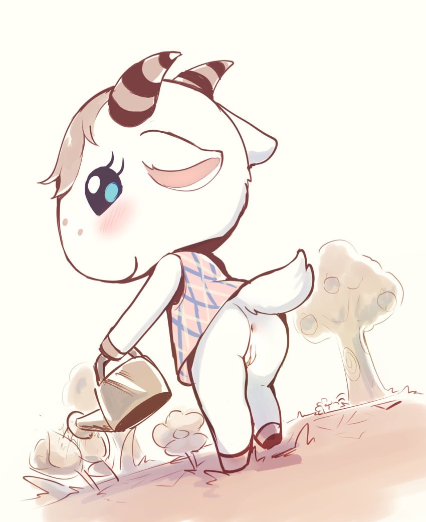 amimalcrossin animal_crossing anthro anus ass bottomless bovid caprine chevre_(animal_crossing) clothed clothing dress female genitals goat hi_res mammal nintendo no_underwear outside pussy solo upskirt video_games watering_can