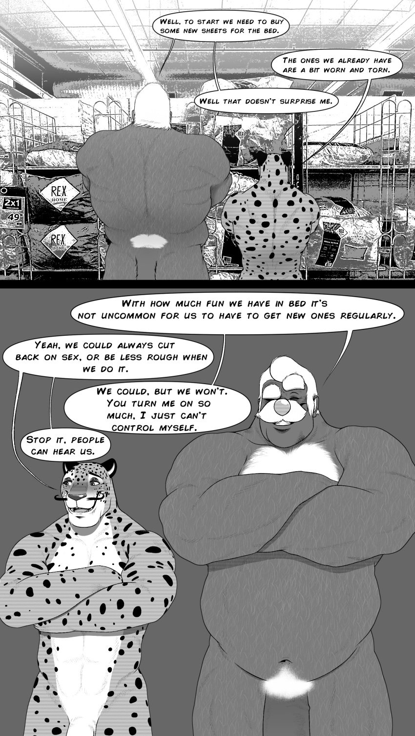 absurd_res anthro cheetah crossed_arms dasyurid dasyuromorph dialogue duo felid feline genitals hi_res male male_only mammal marsupial maychin nude nudist penis public tasmanian_devil