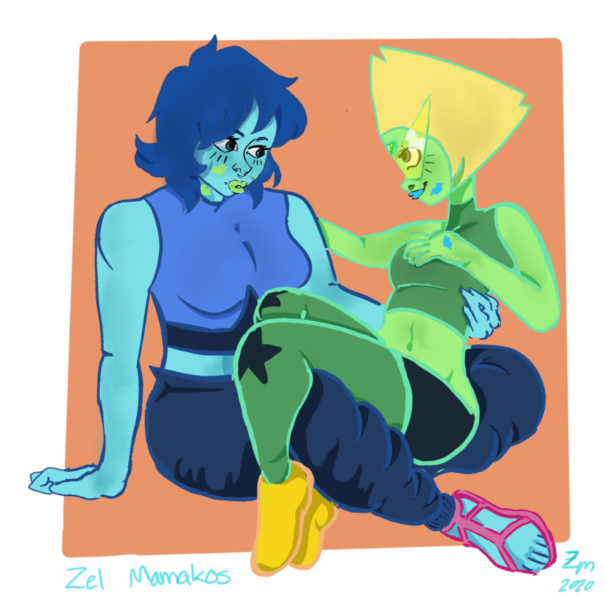 ass blonde_hair blue_body blue_eyes blue_hair blue_skin breasts cuddling glasses green_body green_eyes green_skin kiss_mark kissing lapis_lazuli_(steven_universe) orange_background peridot_(steven_universe) steven_universe steven_universe:_the_movie steven_universe_future yuri zel_mamakos