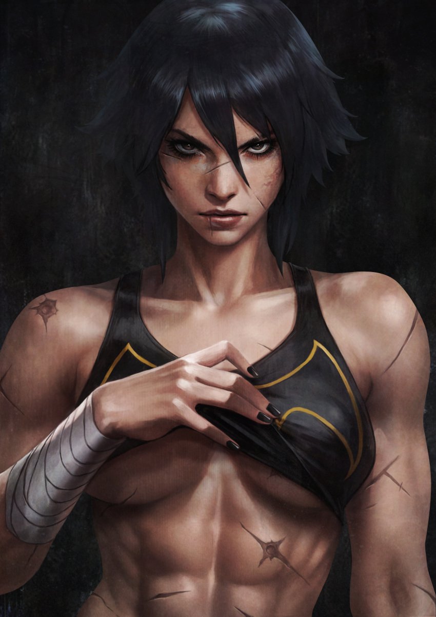 abs asian_female batgirl batgirl_(cassandra_cain) batman_(series) black_hair black_nails breasts bullet_scar cassandra_cain cut_scars dc dc_comics female lifting_shirt lifting_top monori_rogue monorirogue muscular muscular_female pinup scars scars_all_over scars_on_arm scars_on_body short_black_hair short_hair sole_girl tomboy toned_female underboob