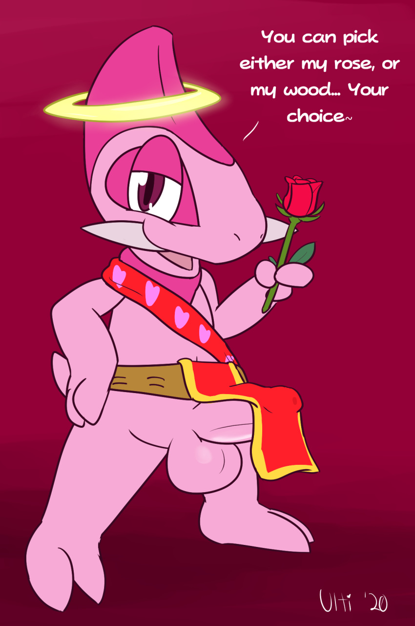 1boy 2020 alternate_color angel_the_axew anthro anthrofied axew belt dialogue erection feet half-closed_eyes halo hi_res inviting looking_at_viewer male male_only narrowed_eyes nintendo original_character penis pokémon_(species) pokemon pokemon_bw rose sash solo standing tenting testicles text ultilix video_games watermark