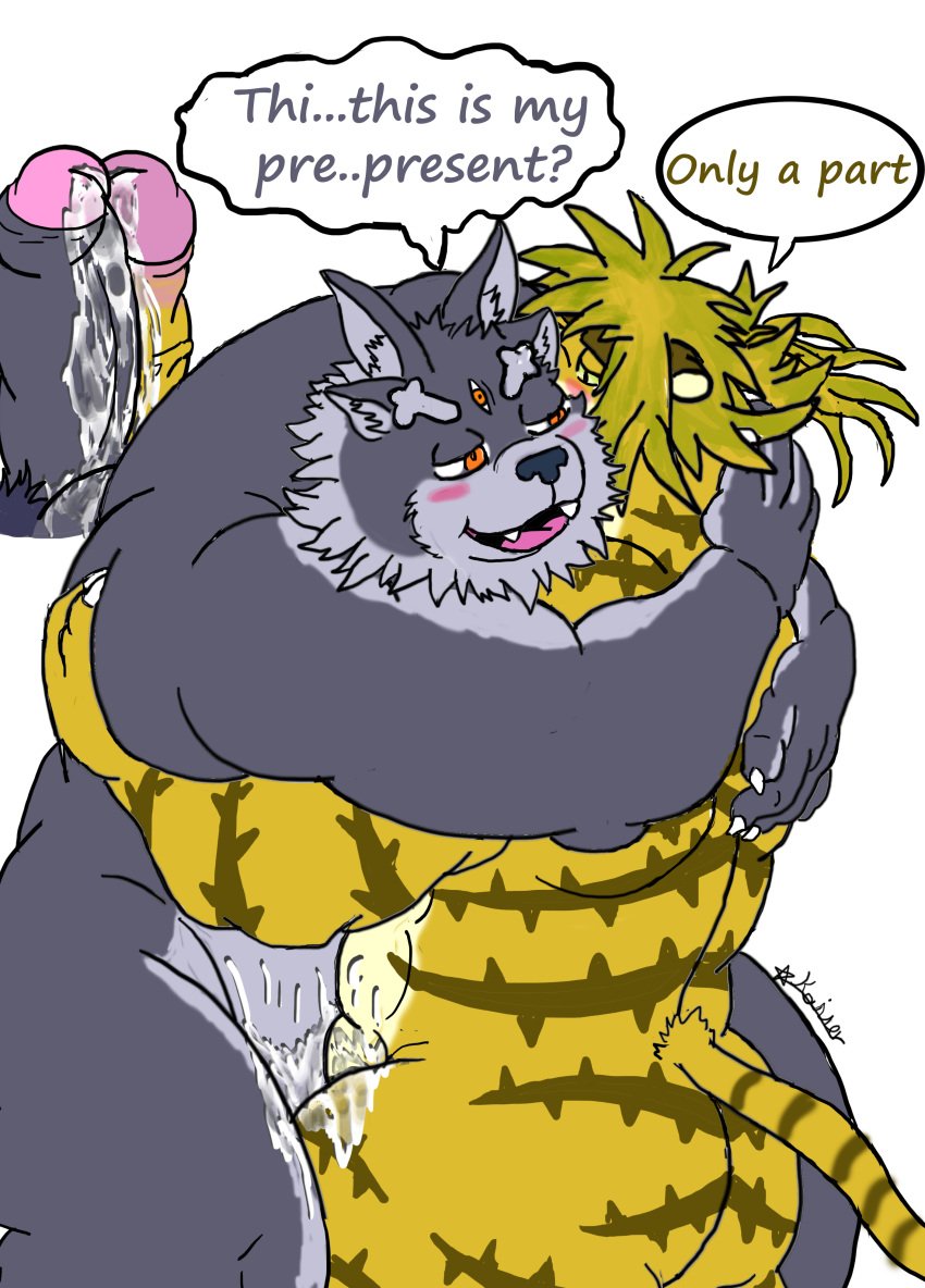 2020 3_eyes 4_fingers absurd_res anthro ass biped blush bodily_fluids brown_eyes canid claws cum duo english_text felid fingers frottage fur genital_fluids hi_res hug kaiser_dragonstro macan_(tokyo_afterschool_summoners) magan male male/male mammal multi_eye multicolored_body multicolored_fur muscular muscular_male nude overweight overweight_male pantherine red_panda_mirr sex sharp_teeth simple_background smile speech_bubble standing teeth text tiger tokyo_afterschool_summoners tongue tsathoggua tsathoggua_(cthulhu) two_tone_body two_tone_fur video_games