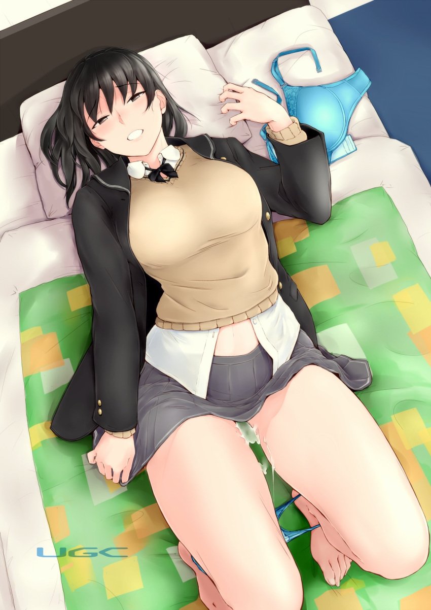 amagami artist_request bangs barefoot black_eyes black_hair blue_bra blue_panties blush bra bra_removed breasts commentary_request female highres kibito_high_school_uniform knees_up large_breasts looking_at_viewer lying on_back panties panty_pull ponytail sasaki_akira_(ugc) school_uniform skirt smile solo tsukahara_hibiki underwear